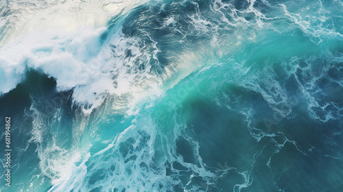 aerial view to waves in ocean splashing waves