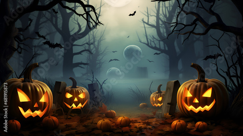 halloween background with pumpkin and bats.AI Generative 