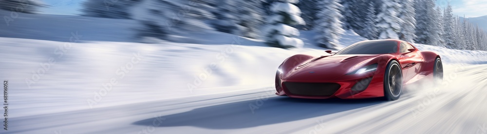 Sports car driving at high speed on a highway or country road. Winter snowy road. Modern design. Futuristic design. Concept car. For poster, invitation, flyer, banner, header. Generative AI content