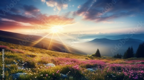 Foggy summer sunrise in the mountains Colorful morning scene in the mountain valley Beauty of nature concept background Artistic style post processed photo