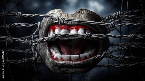 Freedom of speech crisis concept and censorship in expression of ideas symbol as a human tongue wrapped in old barbed wire as a metaphor for political correctness pressure to restrain free talk photo