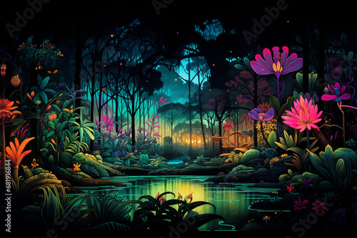 A colorful magical forest filled with lots of neon colored flowers