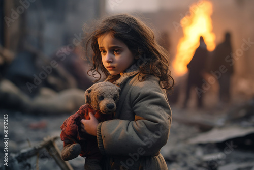 A little girl holding a teddy bear with a worried expression in front of a fire