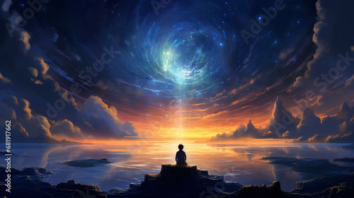 Fotografia A boy sitting on top of a cliff looking at the magical sky full of stars
