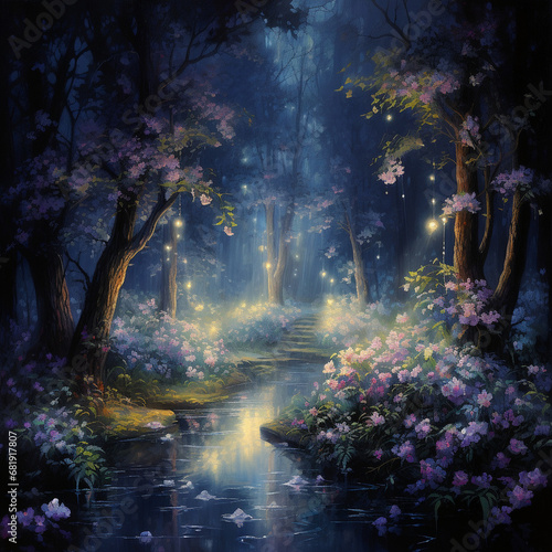 A magical fairy forest with flowers and a stream