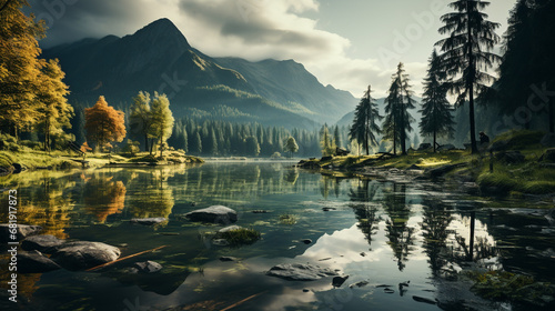 lake in the morning HD 8K wallpaper Stock Photographic Image 