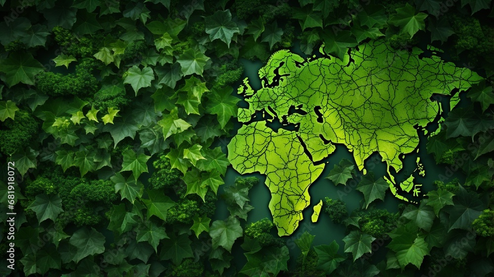 Global development and the green economy as a business concept with a map of the world made of an organized group vine leaves growing on forest trees as an environmental conservation symbol Global development and the green economy as a business concept with a map of the world made of an organized group vine leaves growing on forest trees as an environmental conservation symbol
