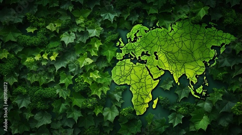 Global development and the green economy as a business concept with a map of the world made of an organized group vine leaves growing on forest trees as an environmental conservation symbol photo