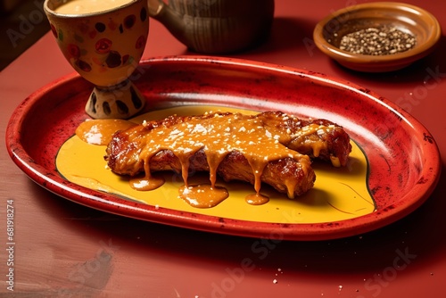 The sesame seeds add a touch of nuttiness and crunch. The ribs are served on a white plate, making them stand out. photo