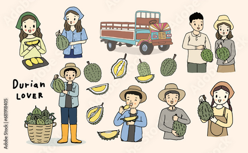 Thailand Durian Gardeners Character Set, hand drawn style Vector
