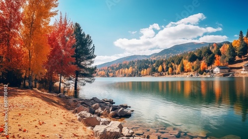 Golden autumn landscape on the lake gorgeous colors of autumn yellow and red autumn leaves.
