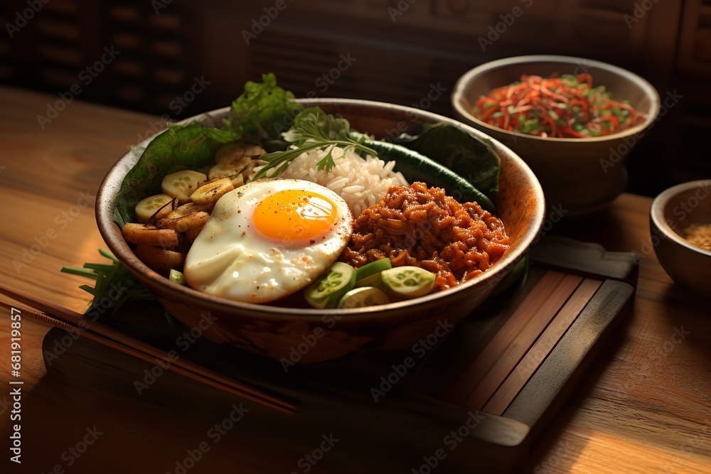 A bowl of rice, eggs, and vegetables on a wooden table is a delicious, nutritious, and satisfying meal. The rice is cooked to perfection and the eggs are fluffy and flavorful.