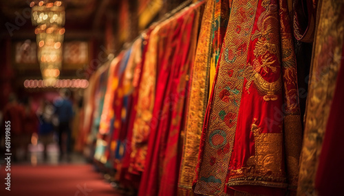 Vibrant woolen textiles adorn traditional East Asian clothing in store generated by AI