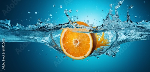 An HD image capturing a ripe orange dropping into a serene pool of clear blue water  creating a vibrant splash  with the fruit isolated against a clean and unobtrusive background.
