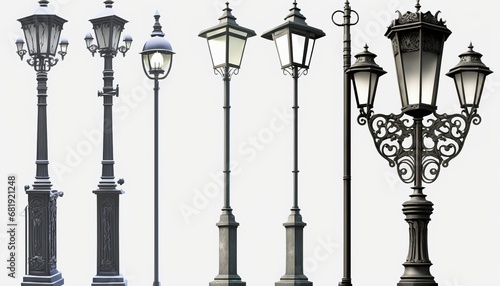 Real vintage street lamp posts lanterns set five outdoor isolated white background light lamp-post lantern retro decorative picture 5 object cut-out ancient antique old urban architecture classic