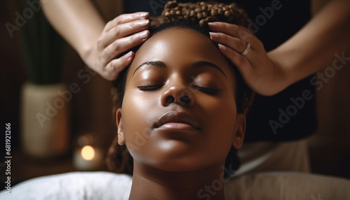 Young African American woman enjoys pampering with beauty treatment at home generated by AI