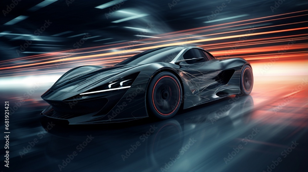 High speed black sports car - futuristic concept (with grunge overlay) - 3d illustration