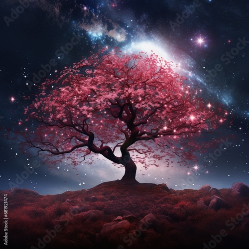 A fantastic cherry blossom tree in the sky surrounded by stars