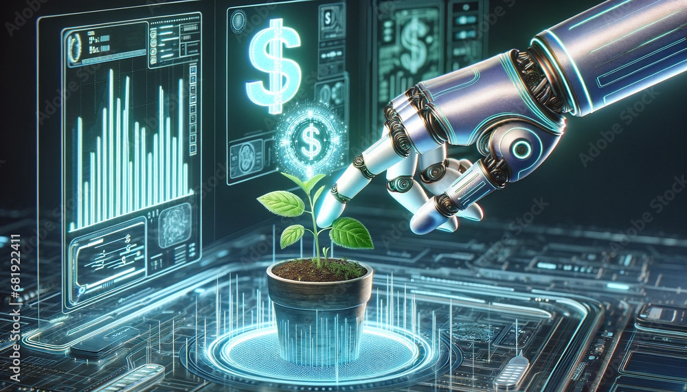 An image of a robotic hand carefully positioning a seedling into a futuristic pot adorned with a holographic dollar sign - Generative AI - obrazy, fototapety, plakaty 