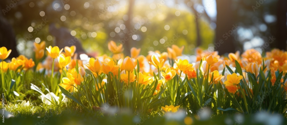In the midst of spring, the garden transformed into a colorful paradise of floral beauty, with vibrant yellow flowers, lush green grass, and leaves dancing in the breeze, creating a natural spectacle