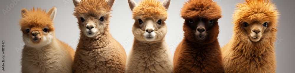 Five Alpacas in Various Shades of Orange and Brown Against a Serene Gray Backdrop Five Alpacas in Various Shades of Orange and Brown Against a Serene Gray Backdrop