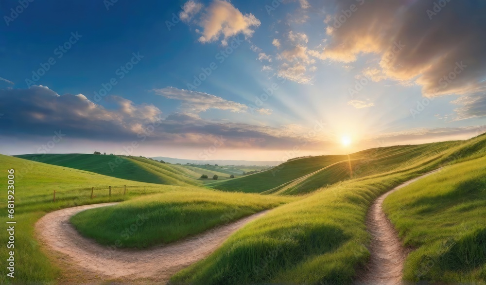 Obraz premium Panoramic natural landscape with green grass field, blue sky with clouds and mountains in background.