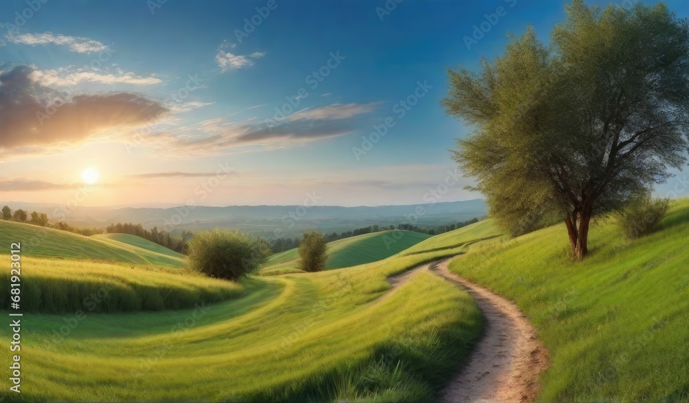 Obraz premium Panoramic natural landscape with green grass field, blue sky with clouds and mountains in background.