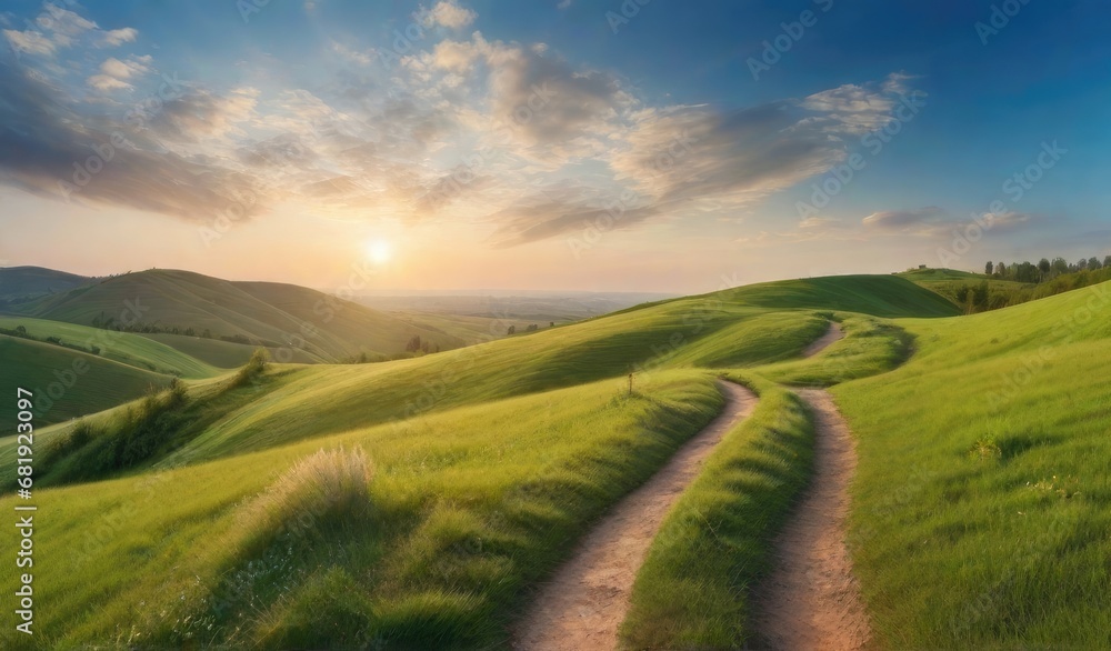 Obraz premium Panoramic natural landscape with green grass field, blue sky with clouds and mountains in background.