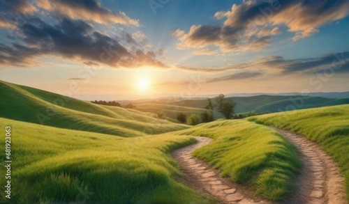 Panoramic natural landscape with green grass field  blue sky with clouds and mountains in background.