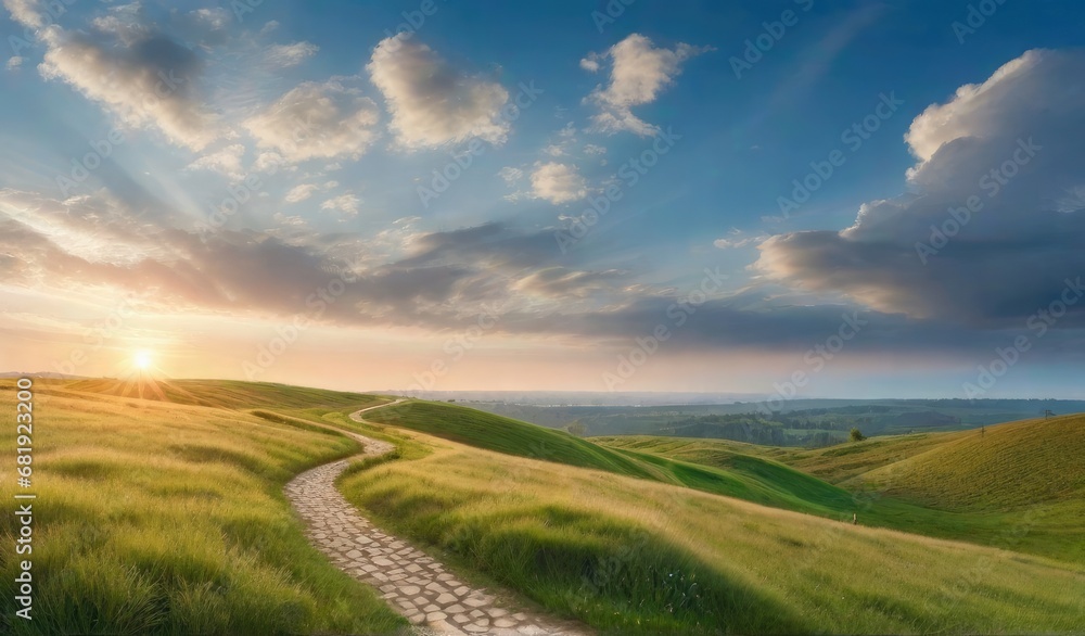 Obraz premium Panoramic natural landscape with green grass field, blue sky with clouds and mountains in background.