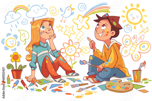 Kids doodle on the wall. Children painted the walls with colorful illustrations. Colorful cartoon characters. Funny vector illustration. Isolated on white background