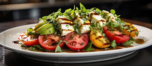 In a bright white kitchen, a delicious and healthy appetizer is being prepared - an enticing salad featuring green leafy vegetables, vibrant red tomatoes, white cheese, and fresh fruit, complemented photo