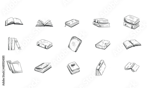 set of books handdrawn illustration engraving