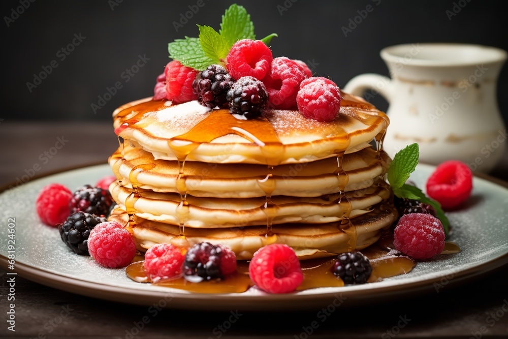 stack of fluffy pancakes dripping with maple syrup and topped with fresh blueberries, raspberries, and strawberries. The pancakes are golden brown stack of fluffy pancakes dripping with maple syrup and topped with fresh blueberries, raspberries, and strawberries. The pancakes are golden brown
