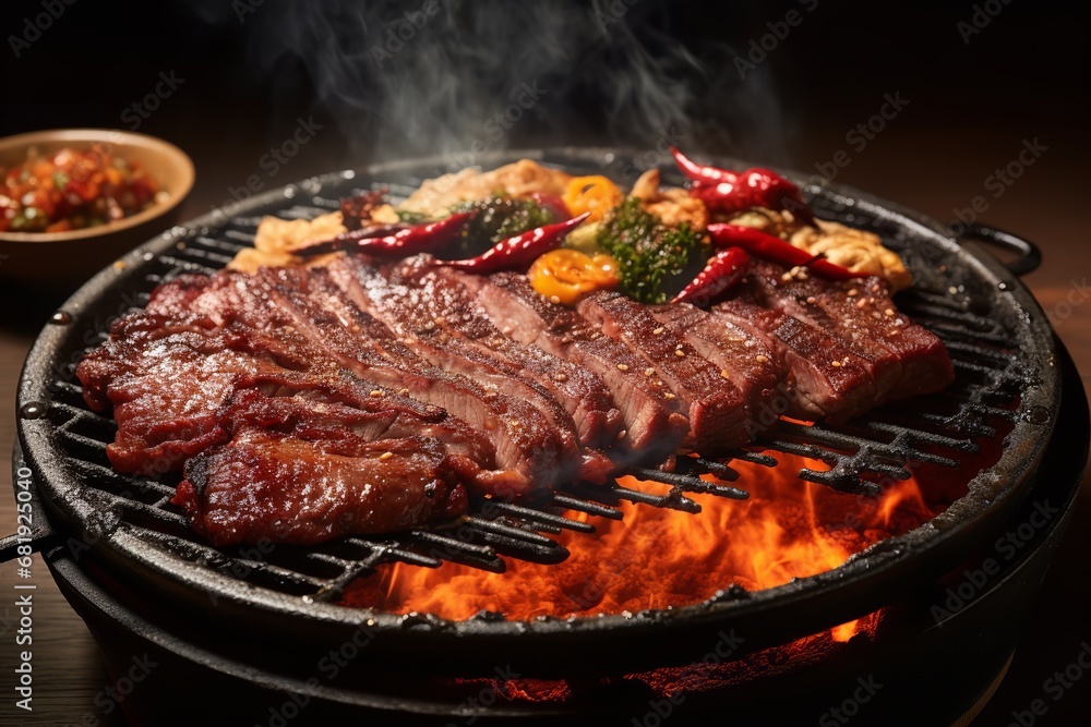 A large, marbled piece of beef sits on a grill, its surface charred and glistening with juices. A variety of vegetables, including onions, peppers, and mushrooms