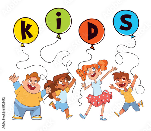 Children holding balloons with the word Kids. Colorful cartoon characters. Funny vector illustration. Isolated on white background