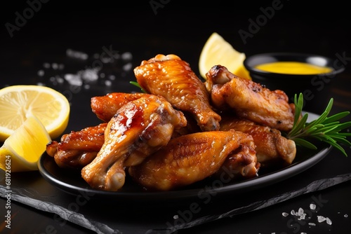 A plate of grilled chicken wings, perfectly charred and juicy, served with lemon slices and a side of dipping sauce.
