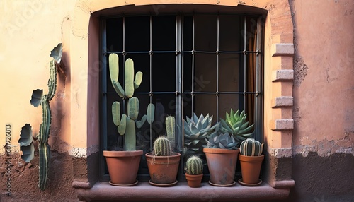 Old abandoned window group cactus flower pots Rome Italy flowerpot retro roma vintage architecture antique plant potted wall building outdoors exterior facades growth green day horizontal aloe