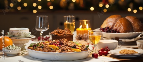 During Christmas dinner  the family gathered around the white tablecloth  indulging in a spread of delicious food baked desserts  roasted cinnamon walnuts  and yellow custard with a hint of tradition