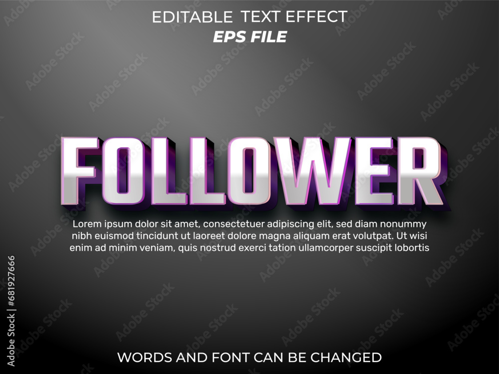 follower text effect, font editable, typography, 3d text. vector template
