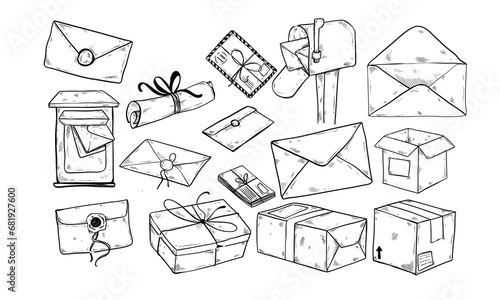 mailbox set handdrawn illustration engraving