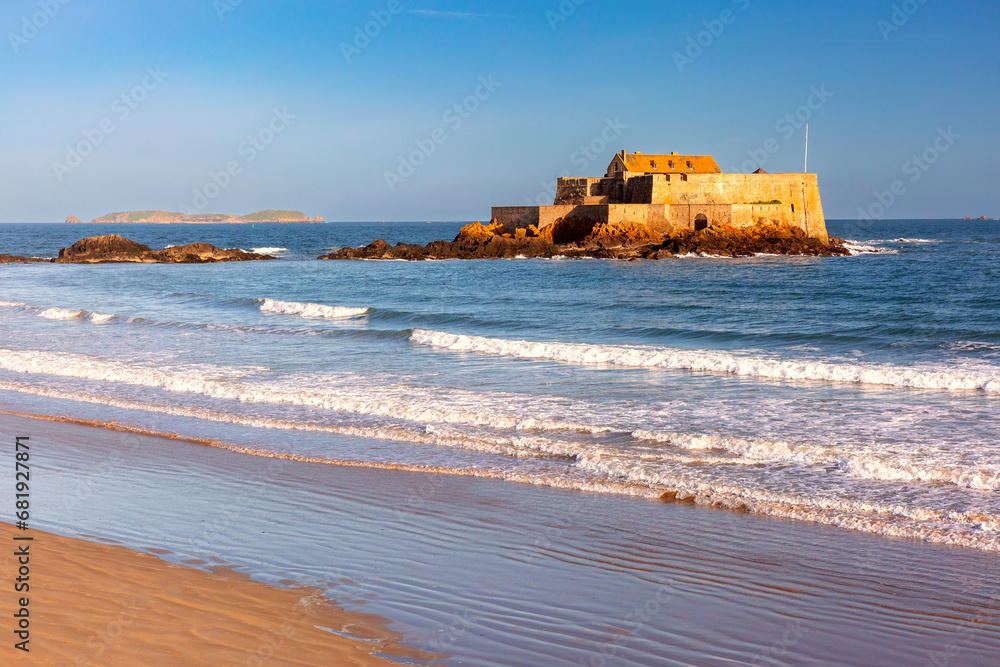 Fort National and beach at high tide, in beautiful walled port city of Saint-Malo, Brittany, France