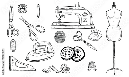 tailor tools handdrawn illustration engraving