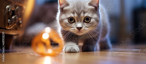 In the living room, a young British Shorthair kitten, with its cute and captivating feline charm, sits still for a portrait as its laser-sharp hunter instincts kick in, ready to pounce and catch a