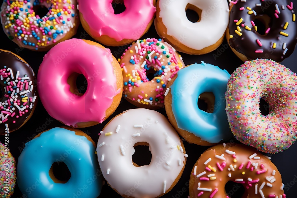 a variety of donuts with icing and sprinkles, arranged on a white table. The donuts are all perfectly shaped and decorated, with a variety of enticing flavors and toppings, including chocolate a variety of donuts with icing and sprinkles, arranged on a white table. The donuts are all perfectly shaped and decorated, with a variety of enticing flavors and toppings, including chocolate