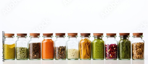 In a captivating white background, an array of vibrant green and colorful spices sit in a glass bottle, evoking the aromas of Countryn and Asian cuisine. The natural, healthy oils, enriched by nature photo