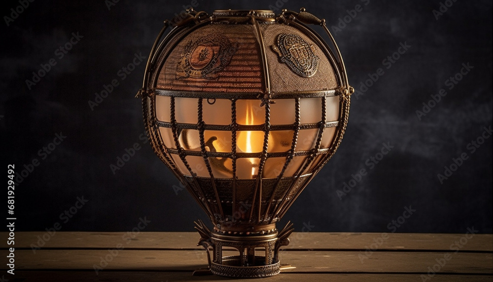 Antique lantern, illuminated by electric lamp, adds rustic elegance indoors generated by AI