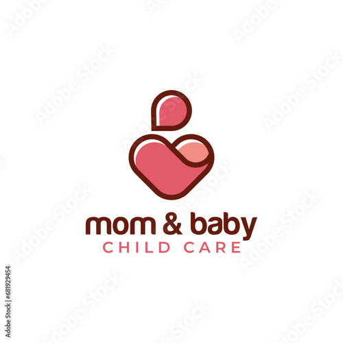 Mother and baby logo icon with silhouette of mother and child in love heart outline. Vector Illustration