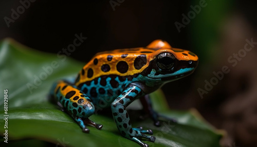 Endangered poison arrow frog sits on green leaf in terrarium generated by AI