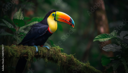 Toucan perching on branch in vibrant tropical rainforest beauty generated by AI